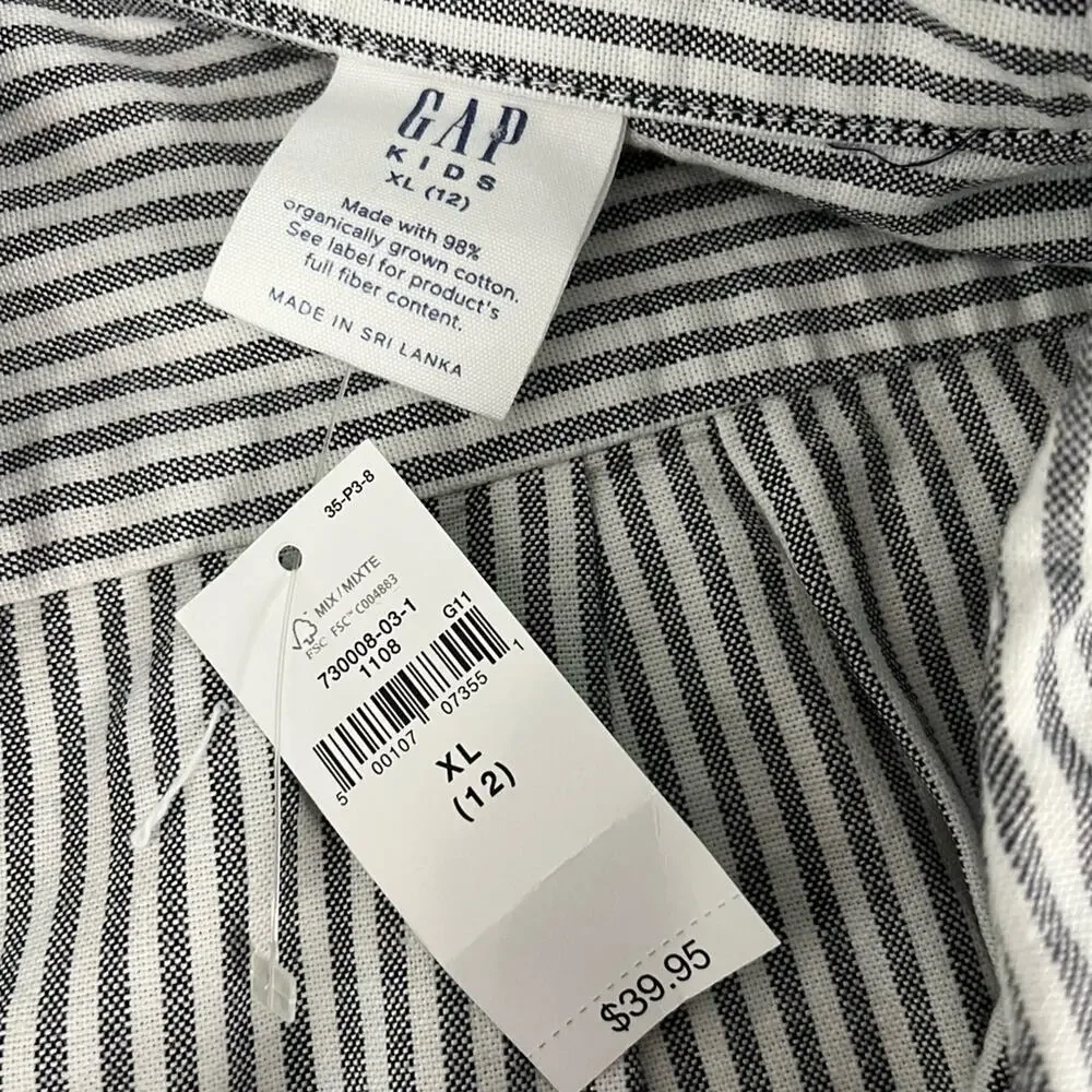 NWT Gap Kids Organic Cotton Gray Striped Button Down Long Sleeve Shirt Boy’s XL